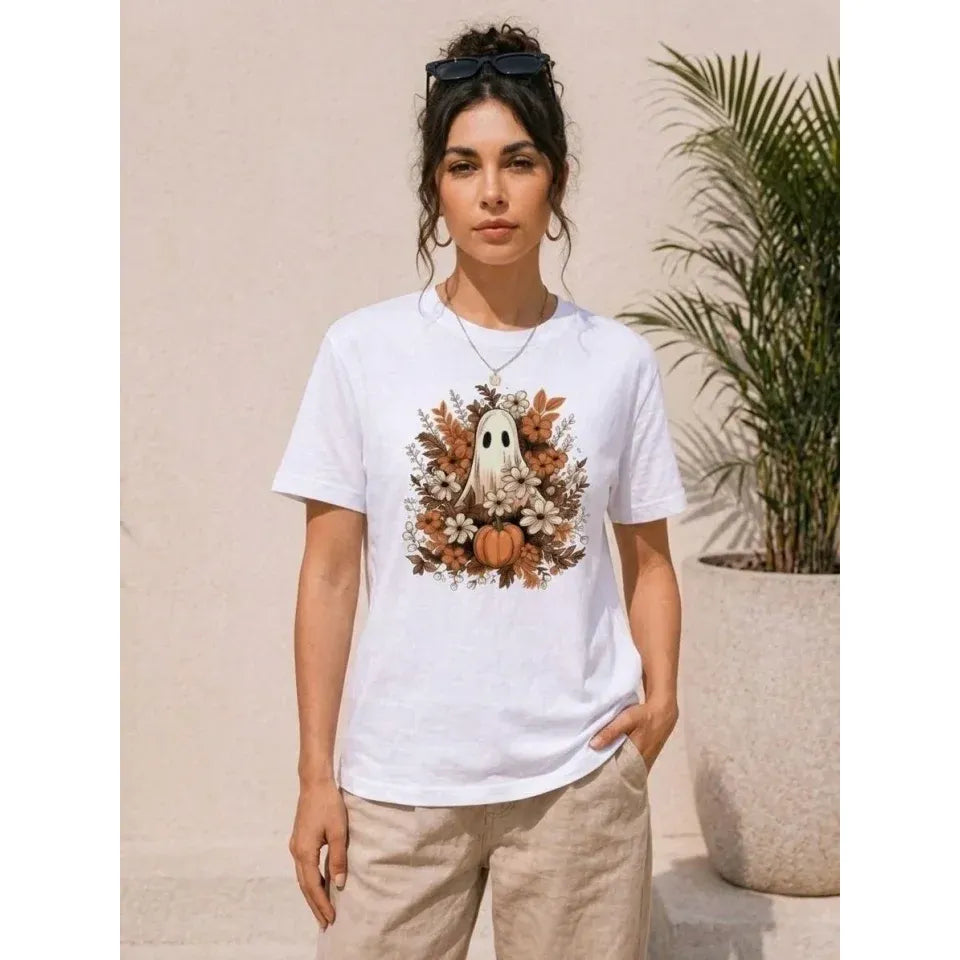 Balkabağı Hayalet Baskılı Tişört Kısa Kol Yazlık T-Shirt - Beyaz