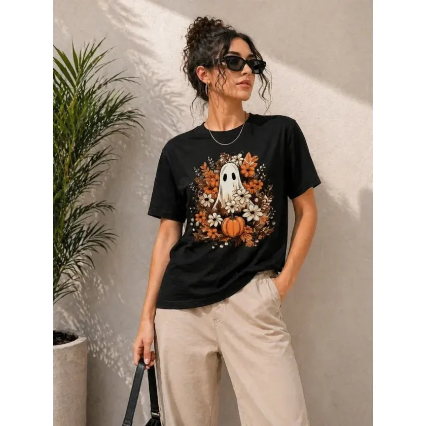 Balkabağı Hayalet Baskılı Tişört Kısa Kol Yazlık T-Shirt - Siyah