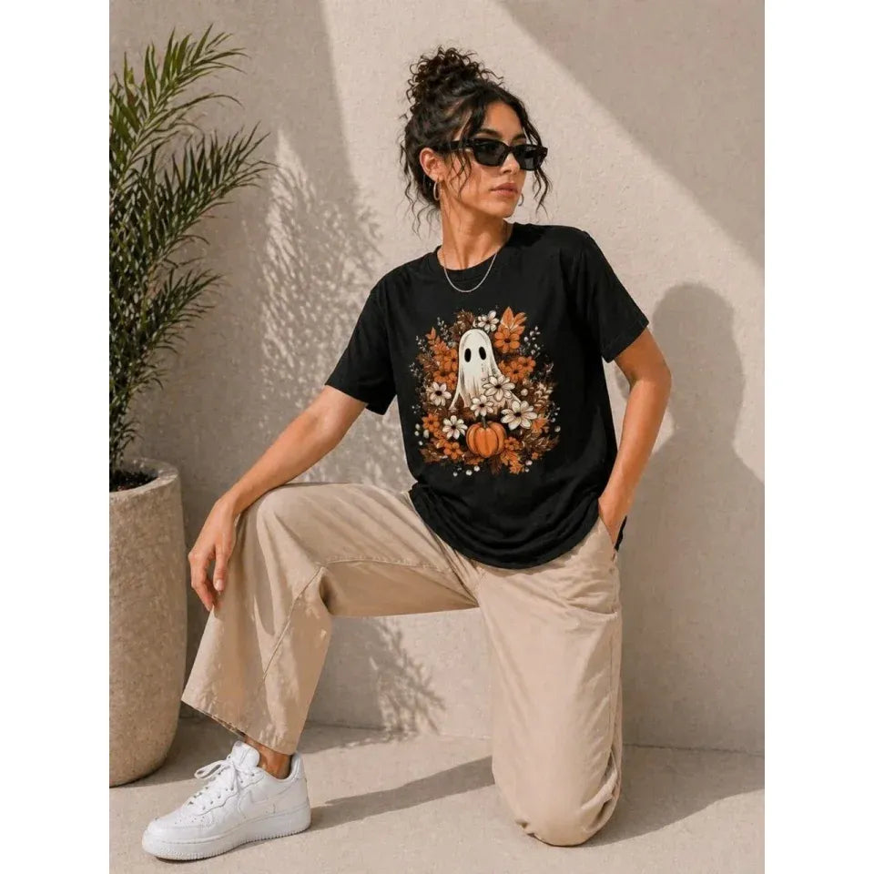 Balkabağı Hayalet Baskılı Tişört Kısa Kol Yazlık T-Shirt - Siyah