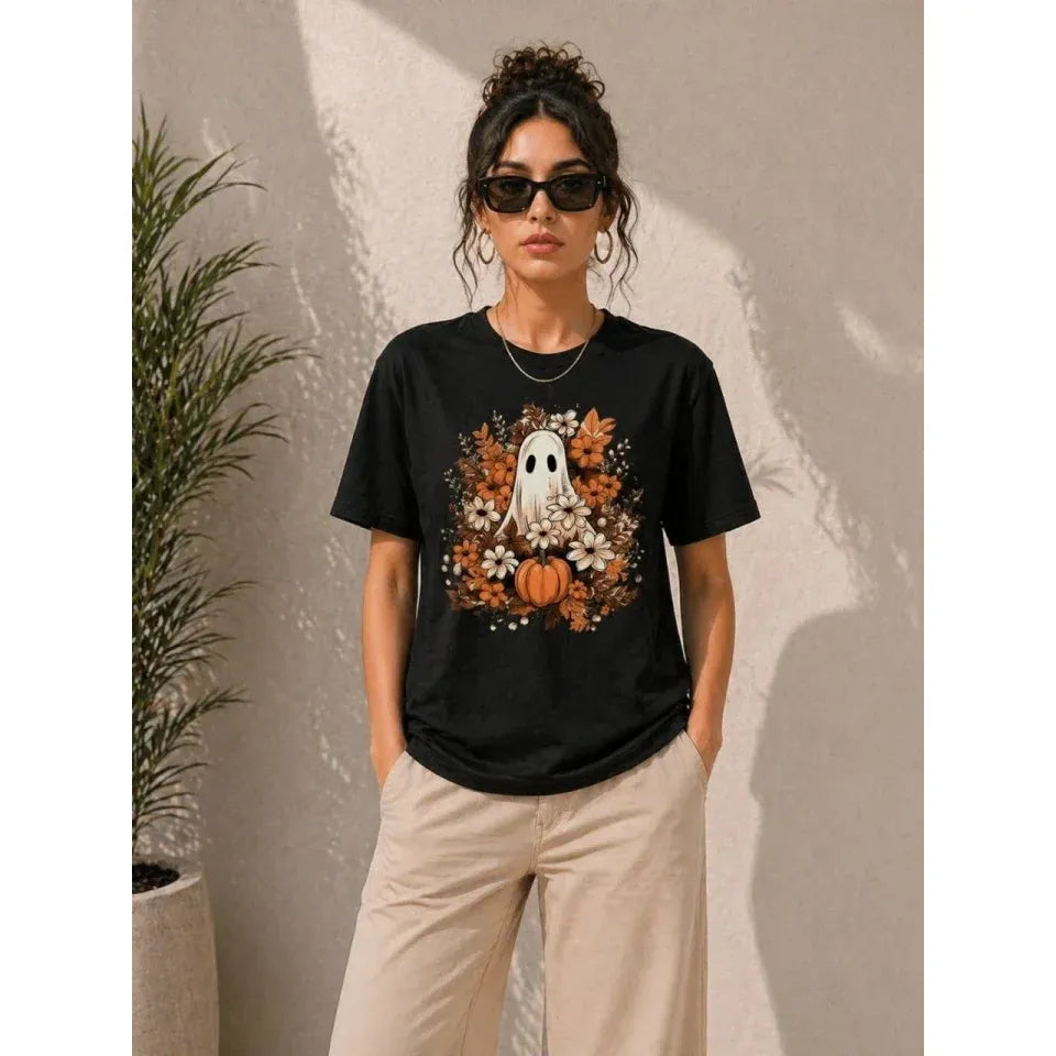 Balkabağı Hayalet Baskılı Tişört Kısa Kol Yazlık T-Shirt - Siyah