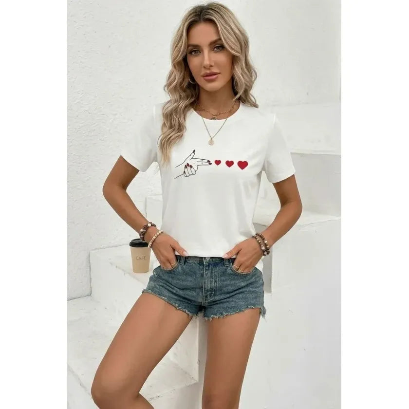 Minimal Kalp İşaret Baskılı Tişört Kısa Kol Yazlık T-Shirt - Beyaz