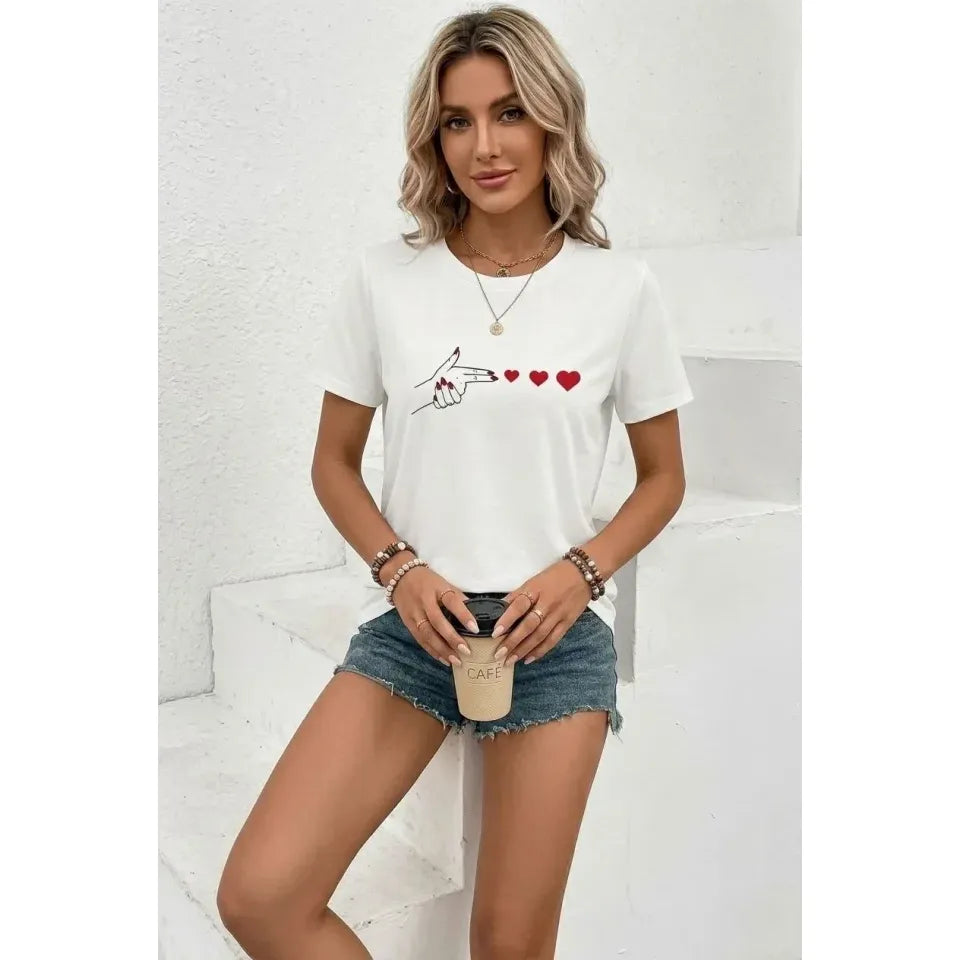 Minimal Kalp İşaret Baskılı Tişört Kısa Kol Yazlık T-Shirt - Beyaz