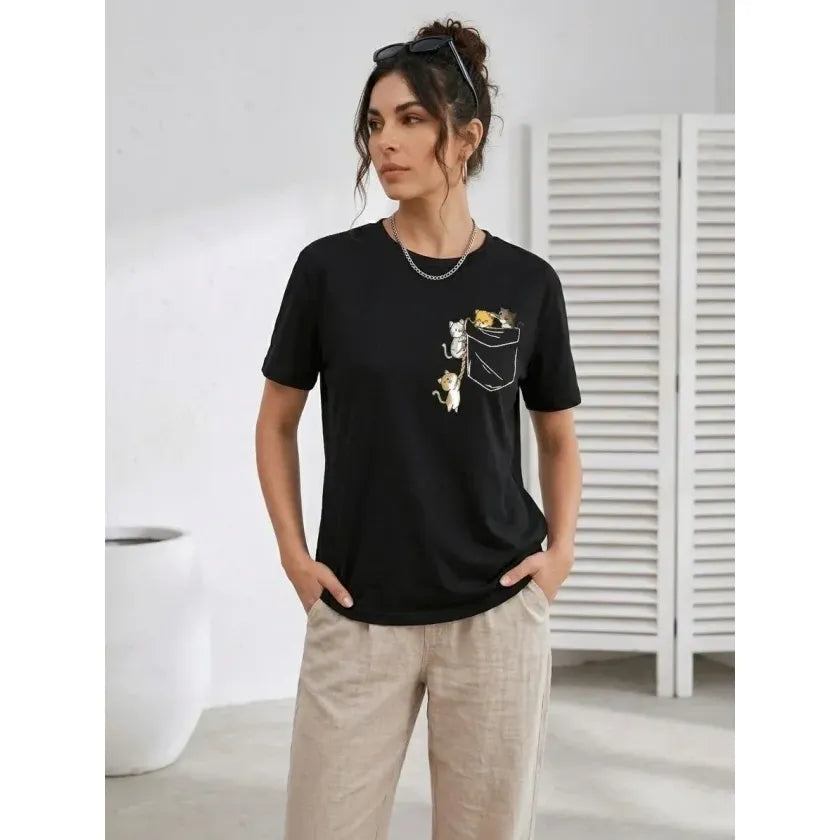 Sevimli Kedi Cep Baskılı Tişört Kısa Kol Yazlık T-Shirt - Siyah