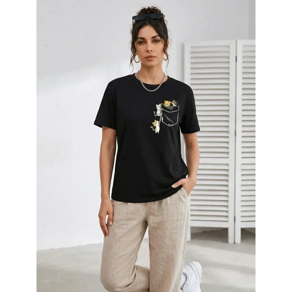 Sevimli Kedi Cep Baskılı Tişört Kısa Kol Yazlık T-Shirt - Siyah