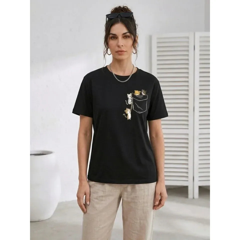 Sevimli Kedi Cep Baskılı Tişört Kısa Kol Yazlık T-Shirt - Siyah