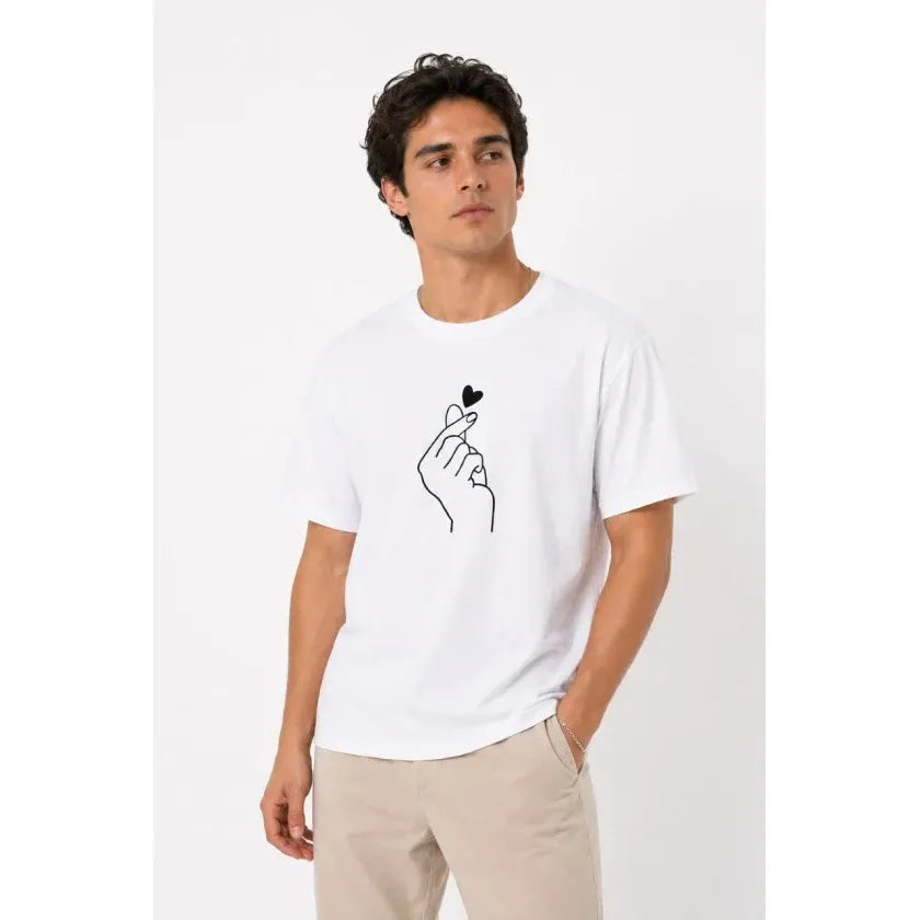 Erkek Kore Parmak Kalp Aşk Temalı Minimal Baskılı Tişört Yazlık Kısa Kol T-Shirt - Beyaz