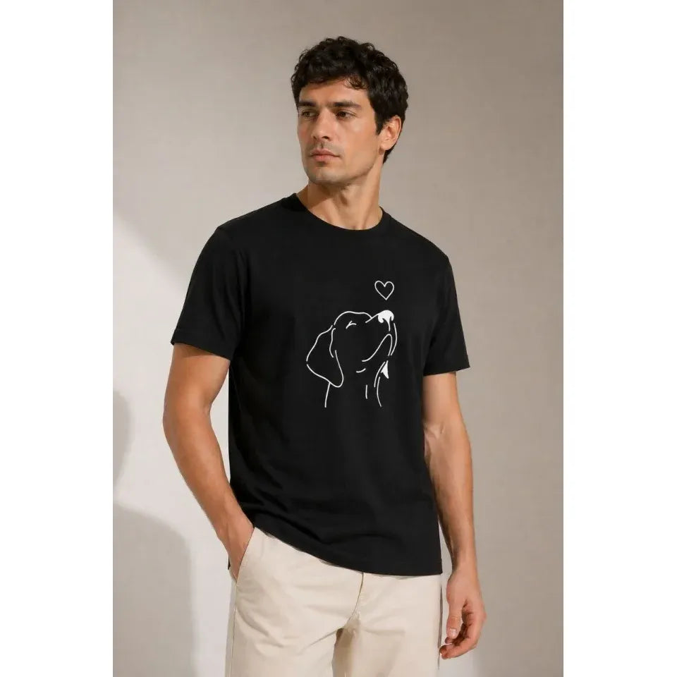 Erkek Köpek Figürlü Minimal Baskılı Tişört Kısa Kol Yazlık T-Shirt - Siyah