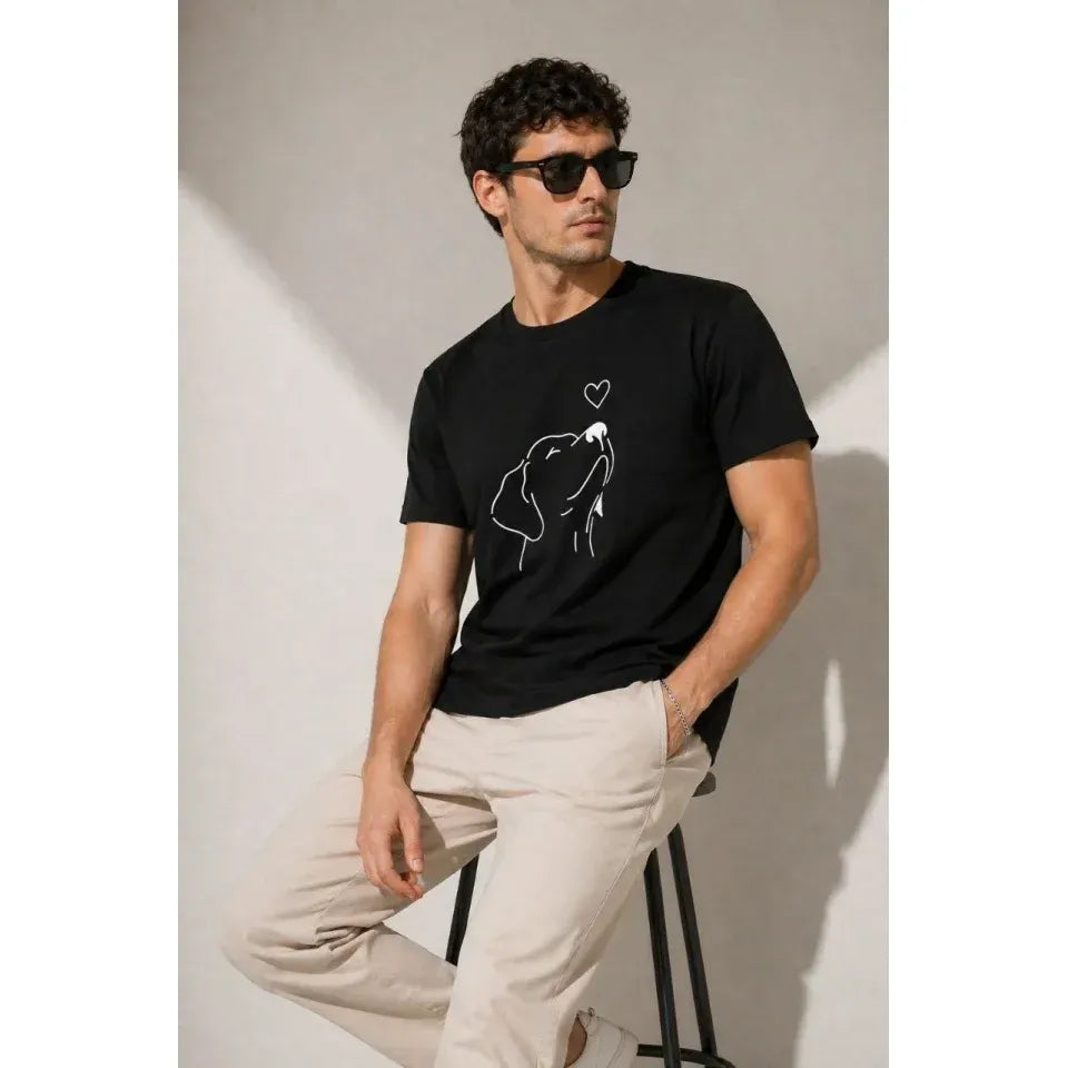 Erkek Köpek Figürlü Minimal Baskılı Tişört Kısa Kol Yazlık T-Shirt - Siyah