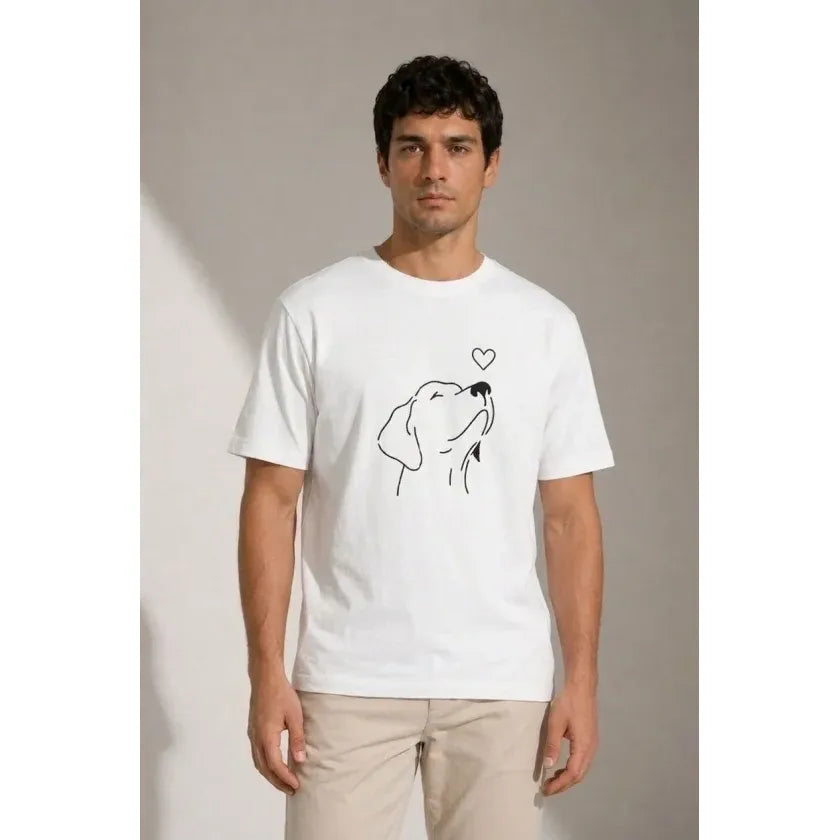 Erkek Köpek Figürlü Minimal Baskılı Tişört Kısa Kol Yazlık T-Shirt - Beyaz