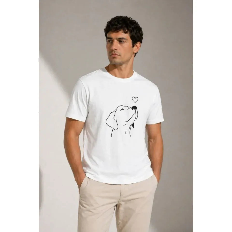 Erkek Köpek Figürlü Minimal Baskılı Tişört Kısa Kol Yazlık T-Shirt - Beyaz