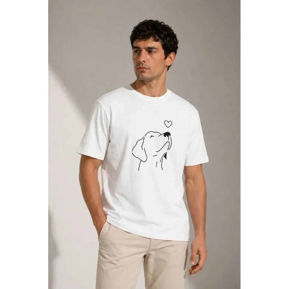 Erkek Köpek Figürlü Minimal Baskılı Tişört Kısa Kol Yazlık T-Shirt - Beyaz