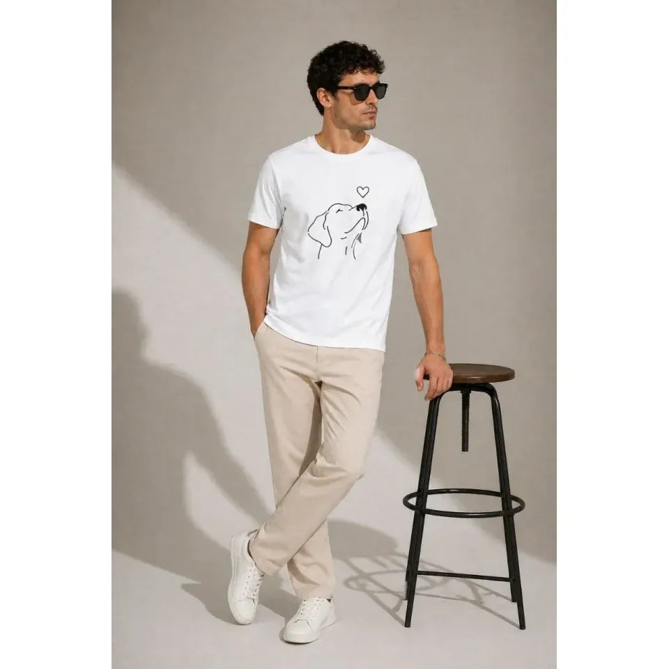 Erkek Köpek Figürlü Minimal Baskılı Tişört Kısa Kol Yazlık T-Shirt - Beyaz