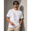 Erkek Minimal Kedi Çizim Baskılı Tişört Kısa Kol Yazlık T-Shirt - Beyaz