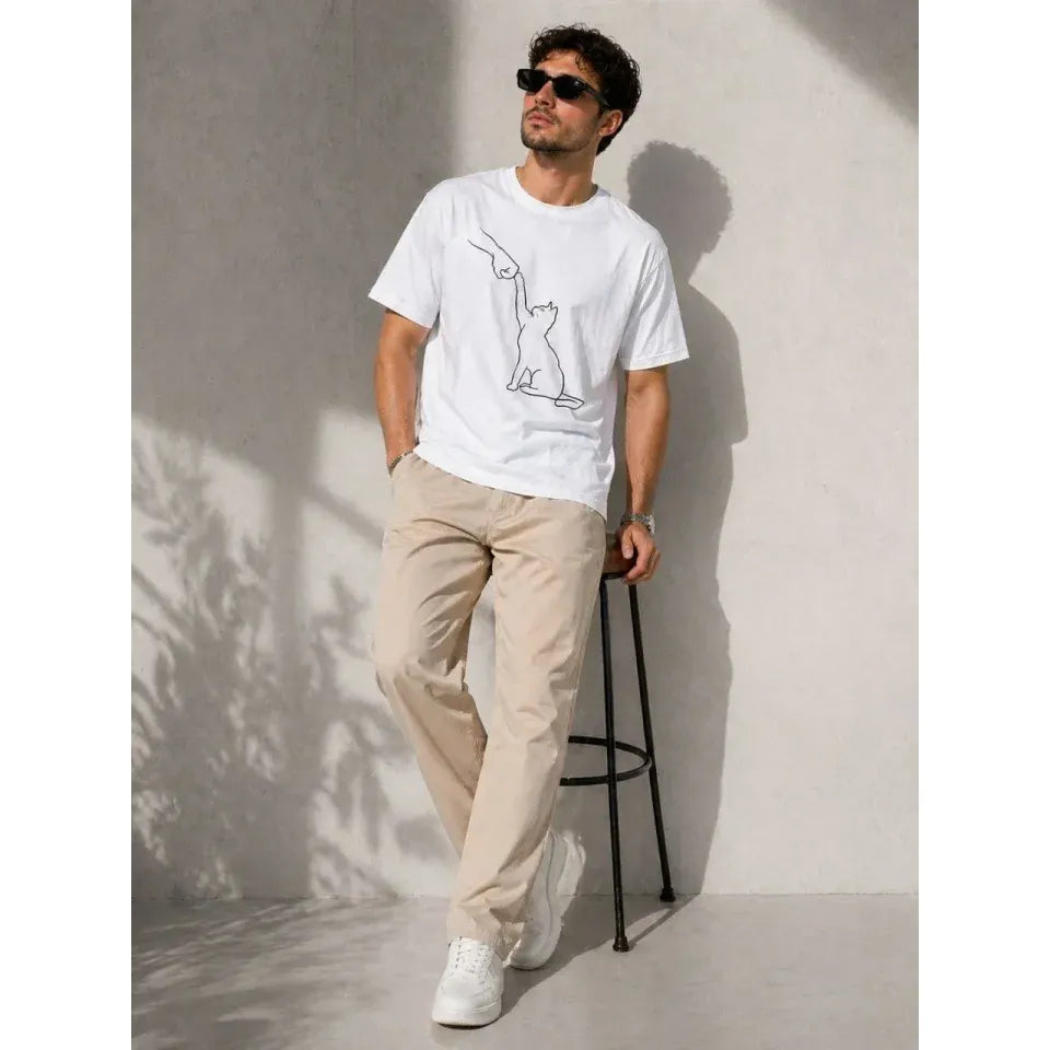 Erkek Minimal Kedi Çizim Baskılı Tişört Kısa Kol Yazlık T-Shirt - Beyaz
