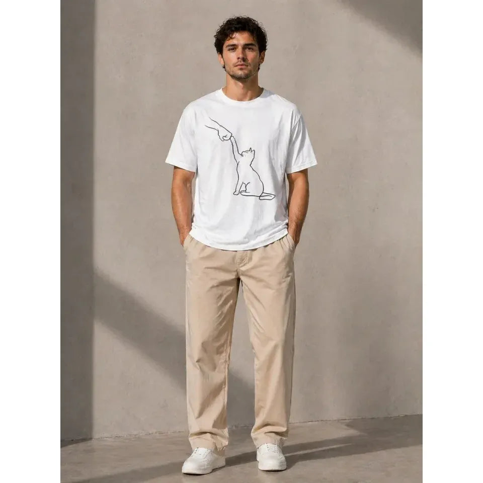 Erkek Minimal Kedi Çizim Baskılı Tişört Kısa Kol Yazlık T-Shirt - Beyaz
