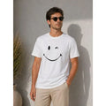 Erkek Minimal Gülümseyen Yüz Baskılı Tişört Kısa Kol Yazlık T-Shirt - Beyaz