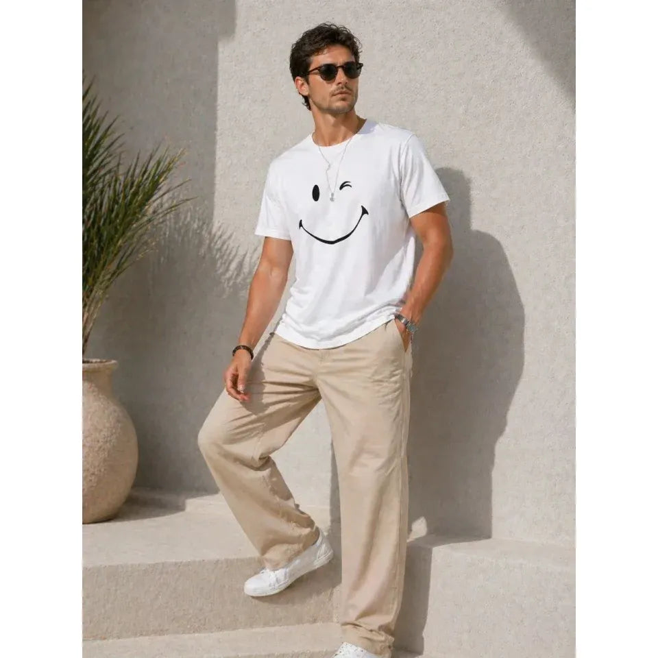 Erkek Minimal Gülümseyen Yüz Baskılı Tişört Kısa Kol Yazlık T-Shirt - Beyaz