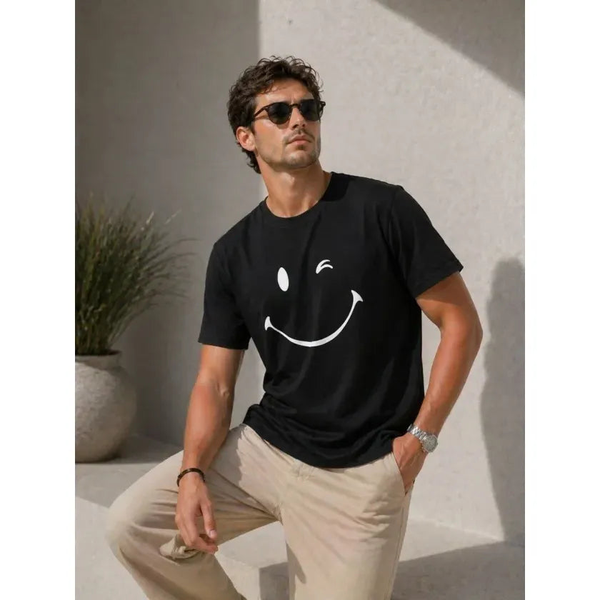Erkek Minimal Gülümseyen Yüz Baskılı Tişört Kısa Kol Yazlık T-Shirt - Siyah