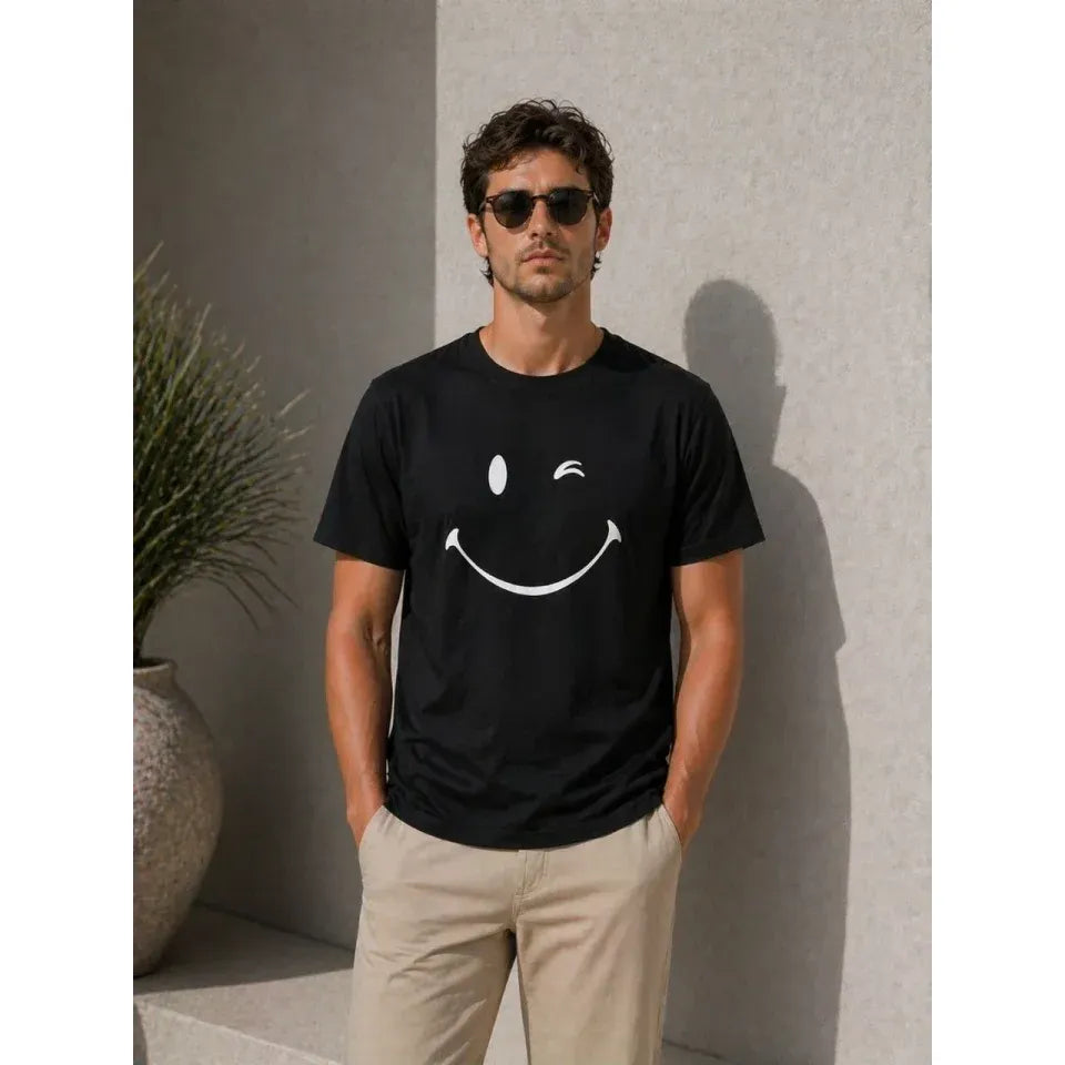 Erkek Minimal Gülümseyen Yüz Baskılı Tişört Kısa Kol Yazlık T-Shirt - Siyah