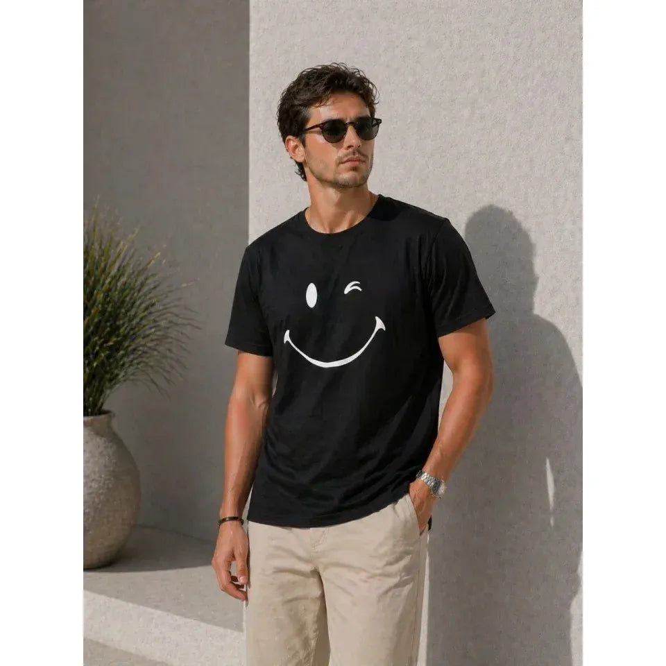 Erkek Minimal Gülümseyen Yüz Baskılı Tişört Kısa Kol Yazlık T-Shirt - Siyah
