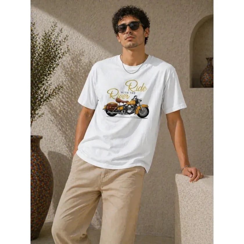 Erkek Motosiklet Baskılı Tişört Bisiklet Yaka Kısa Kol Yazlık T-Shirt - Beyaz