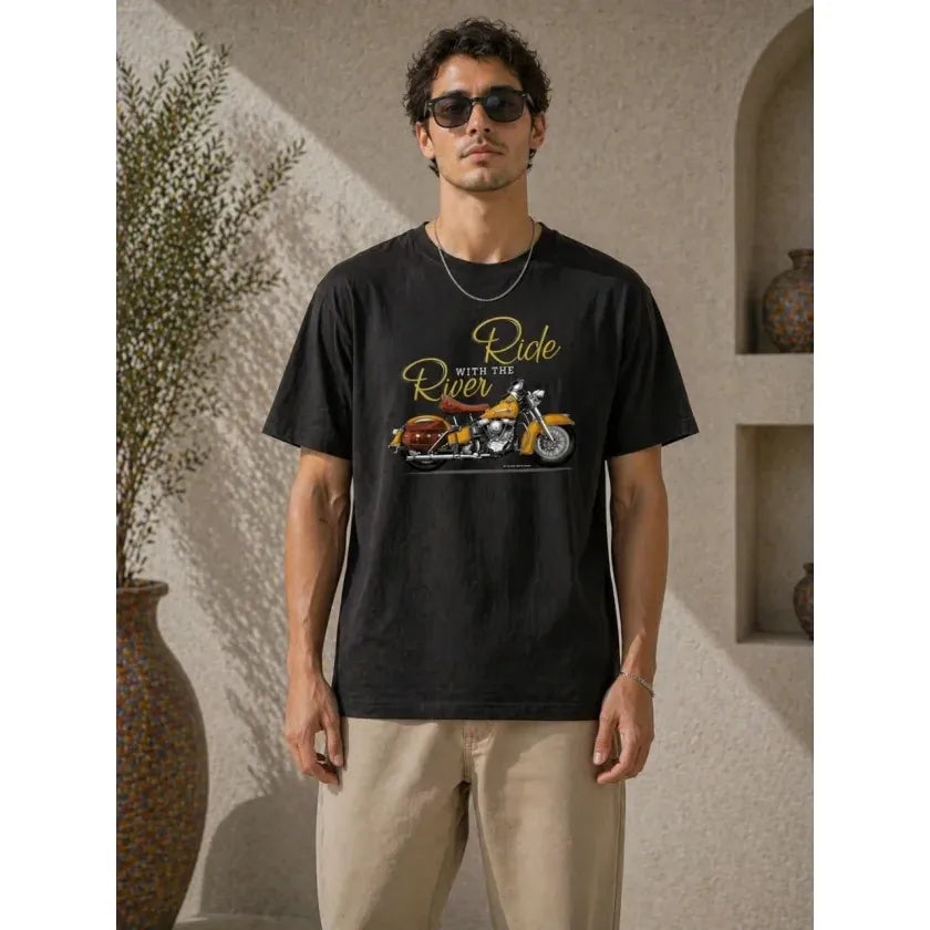 Erkek Motosiklet Baskılı Tişört Bisiklet Yaka Kısa Kol Yazlık T-Shirt - Siyah