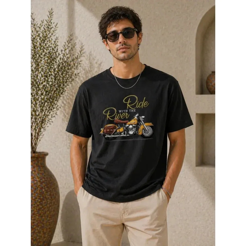 Erkek Motosiklet Baskılı Tişört Bisiklet Yaka Kısa Kol Yazlık T-Shirt - Siyah
