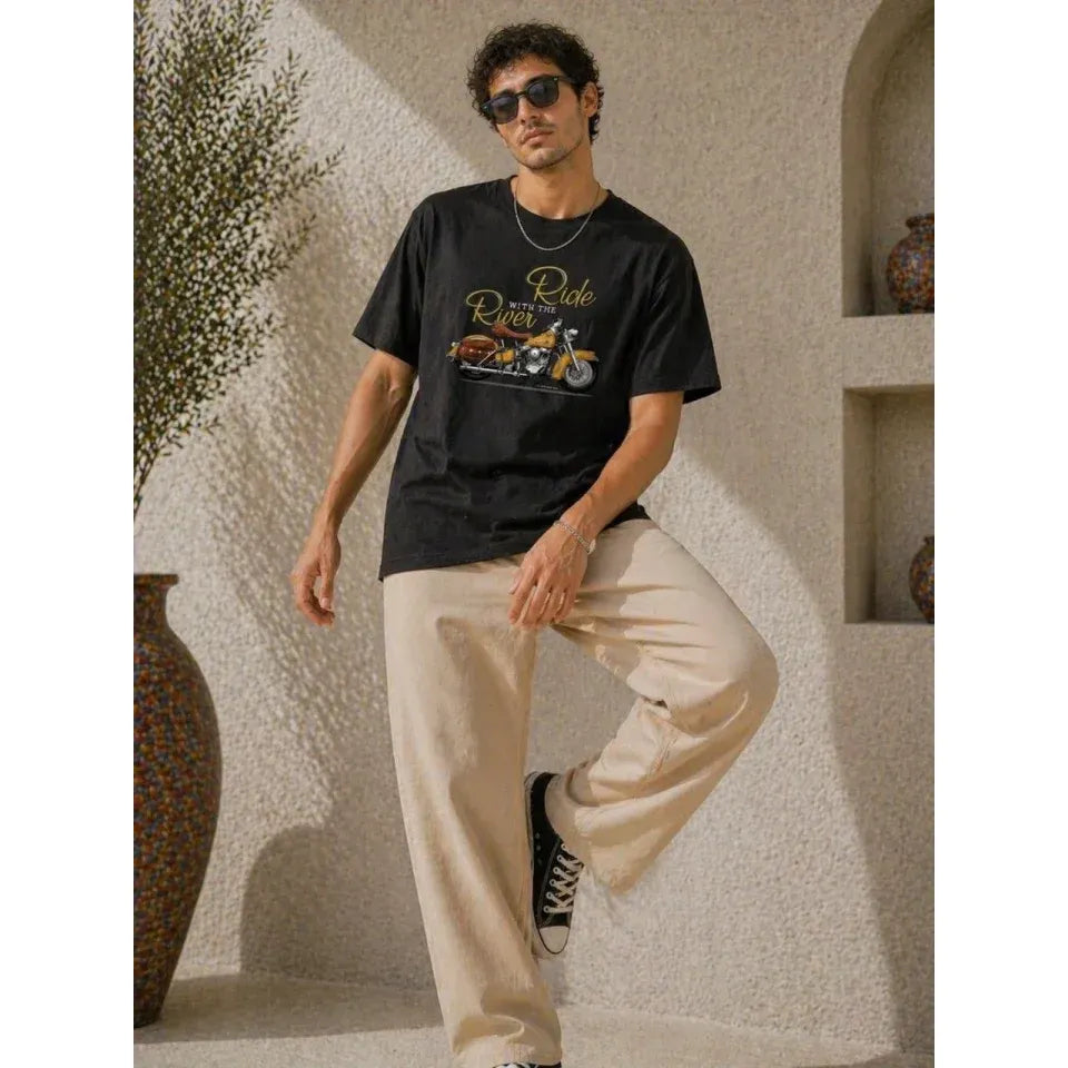 Erkek Motosiklet Baskılı Tişört Bisiklet Yaka Kısa Kol Yazlık T-Shirt - Siyah