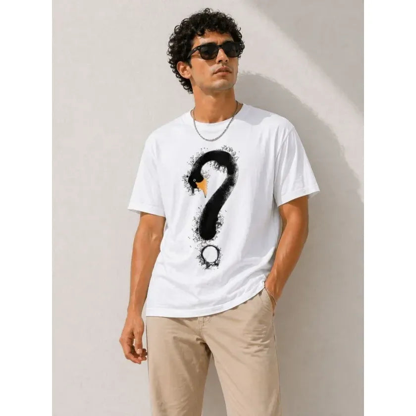 Erkek Kuğu Figürlü Soru İşareti Baskılı Tişört Kısa Kol T-Shirt - Beyaz