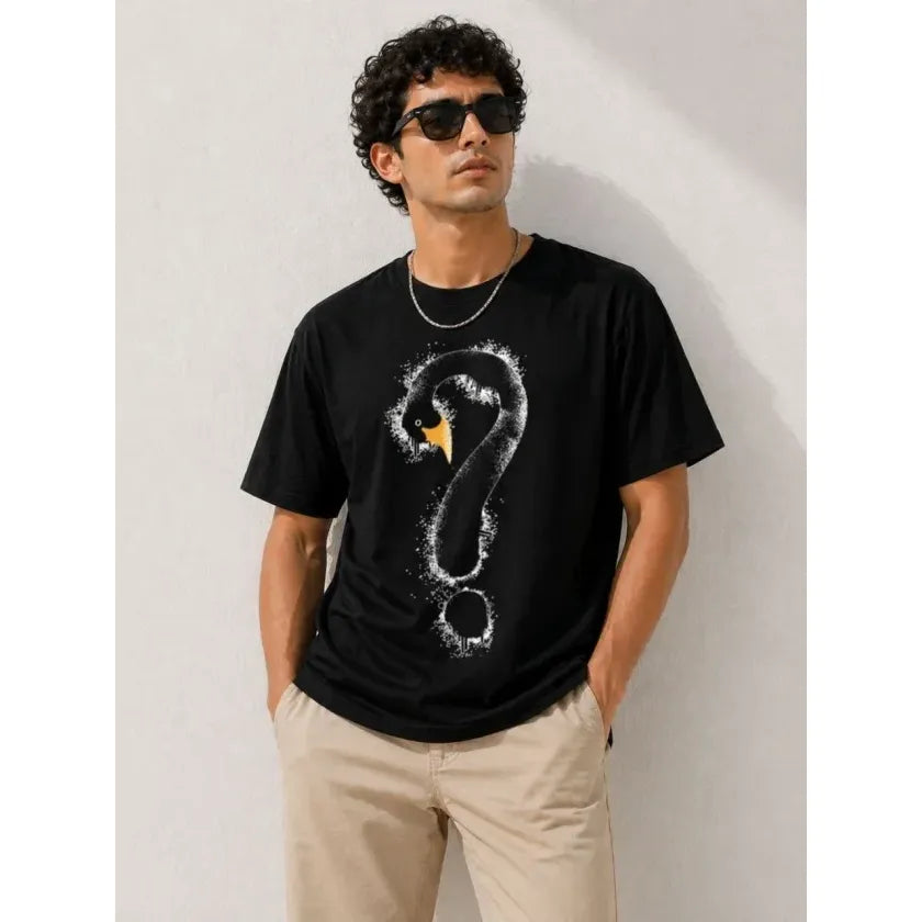 Erkek Kuğu Figürlü Soru İşareti Baskılı Tişört Kısa Kol T-Shirt - Siyah