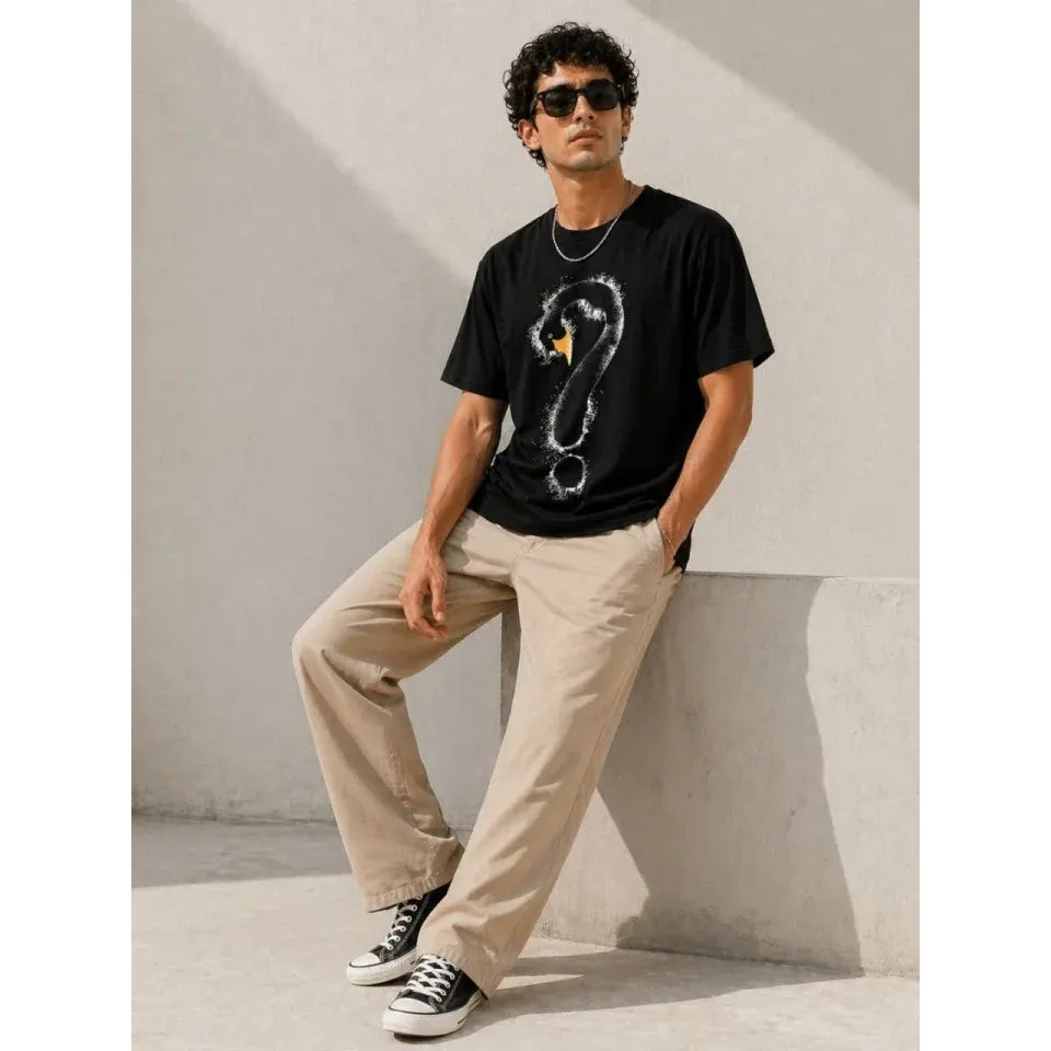 Erkek Kuğu Figürlü Soru İşareti Baskılı Tişört Kısa Kol T-Shirt - Siyah