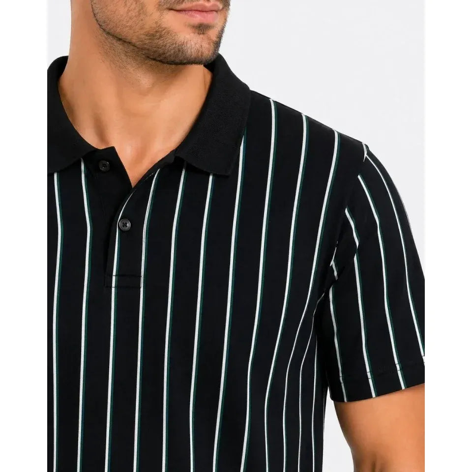 Erkek Pike Kumaş Çizgili Polo Yaka Tişört Kısa Kol Yazlık T-Shirt - Siyah