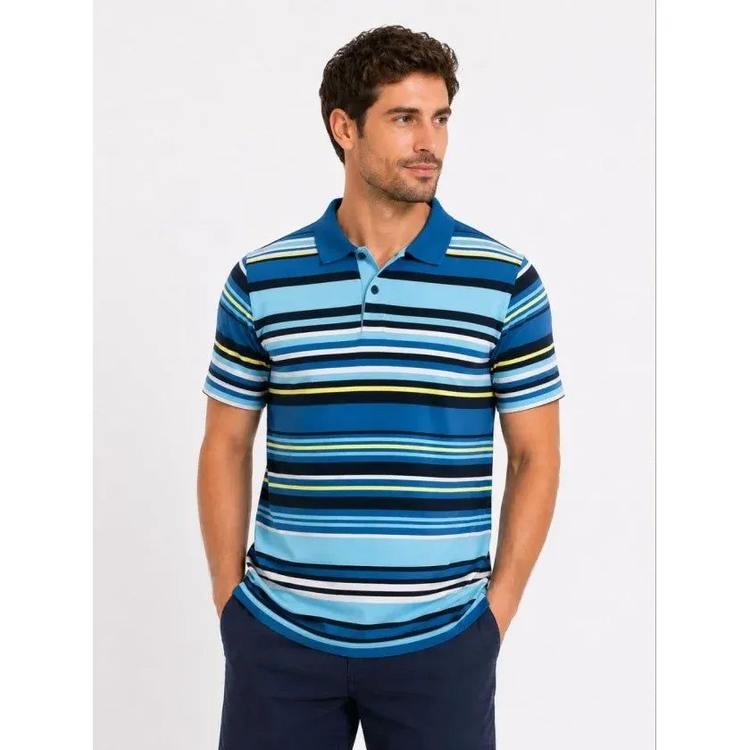 Erkek Çizgili Polo Yaka Tişört Kısa Kol Yazlık T-Shirt Regular Fit - Mavi