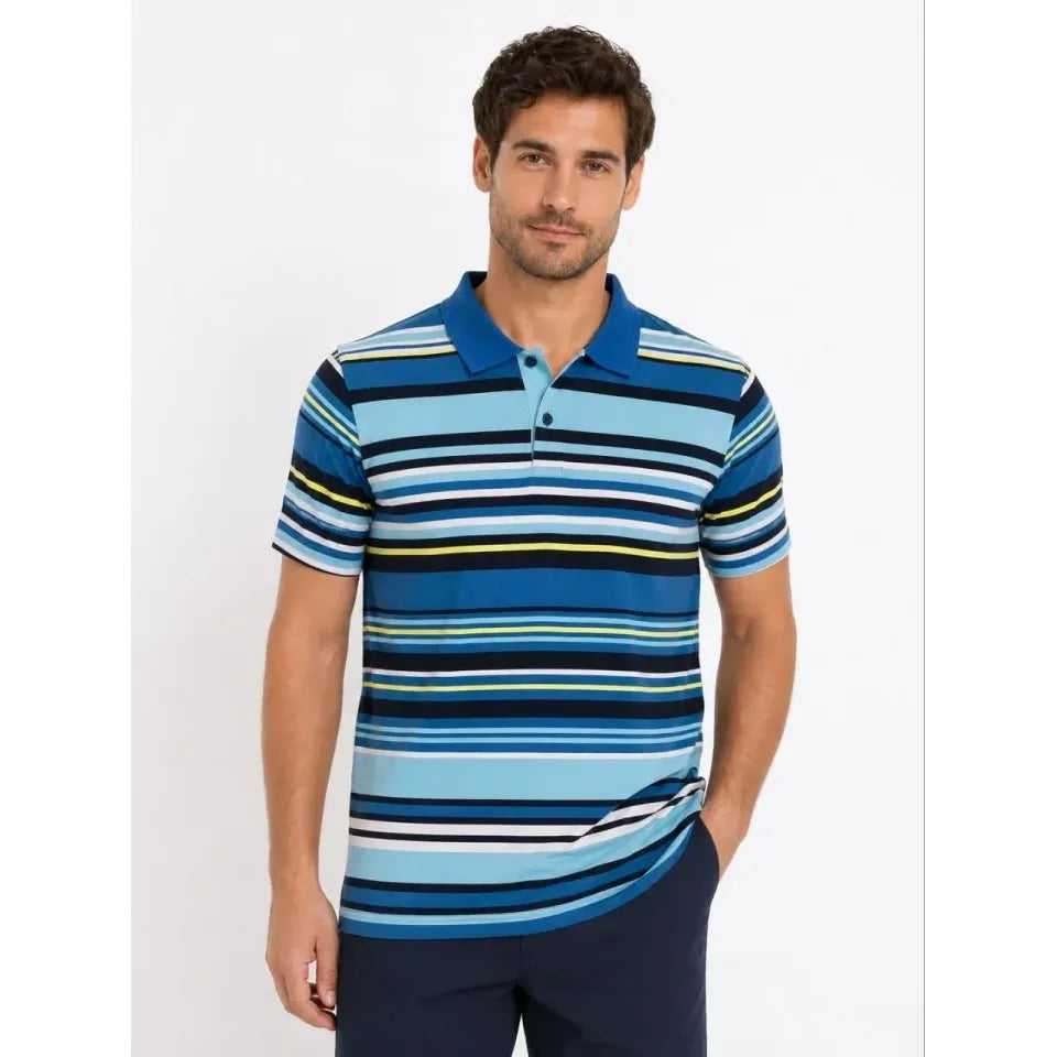 Erkek Çizgili Polo Yaka Tişört Kısa Kol Yazlık T-Shirt Regular Fit - Mavi