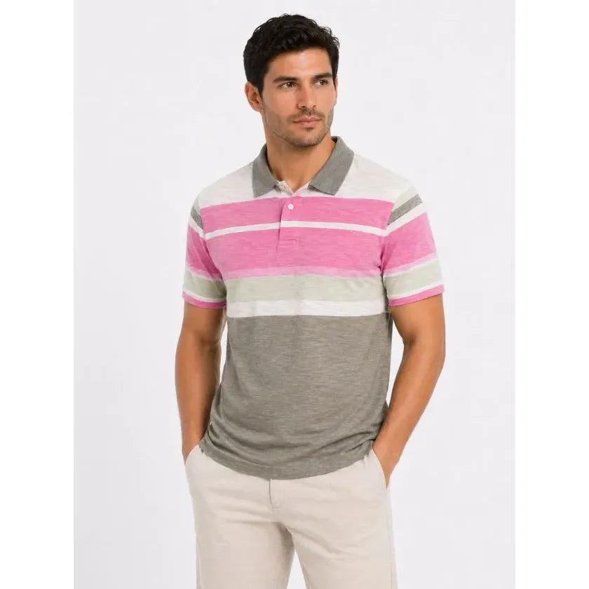 Erkek Flamlı Penye Çizgili Polo Yaka Tişört Kısa Kol Yazlık T-Shirt - Gri