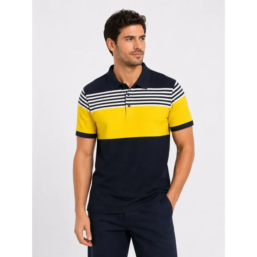Erkek Pike Kumaş Çizgili Polo Yaka Tişört Kısa Kol Yazlık T-Shirt - Lacivert