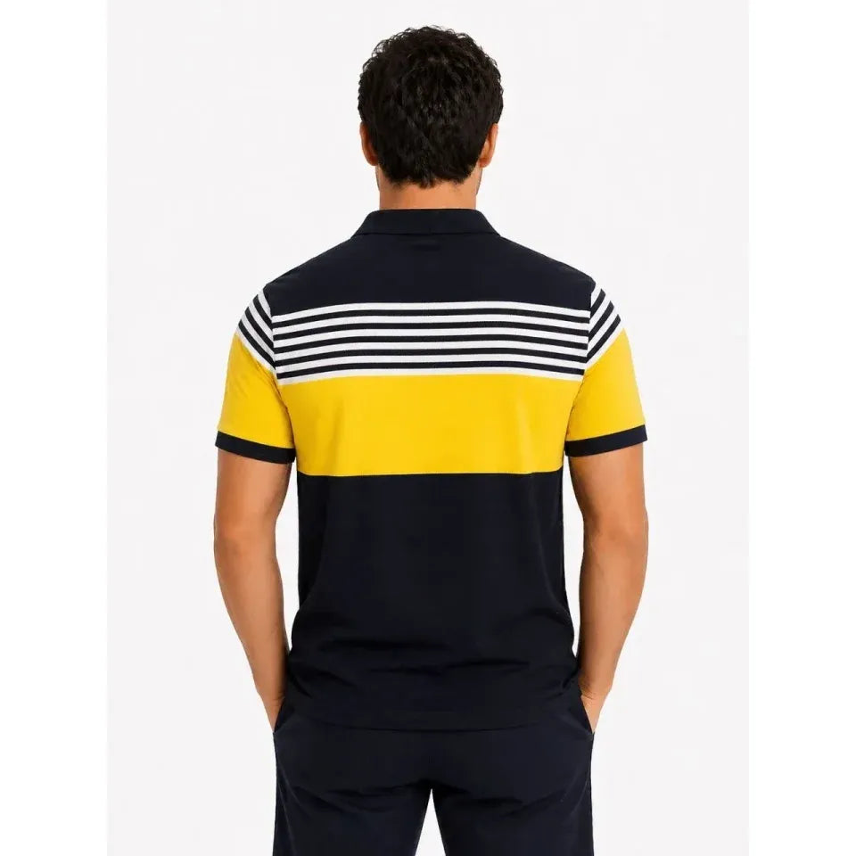 Erkek Pike Kumaş Çizgili Polo Yaka Tişört Kısa Kol Yazlık T-Shirt - Lacivert
