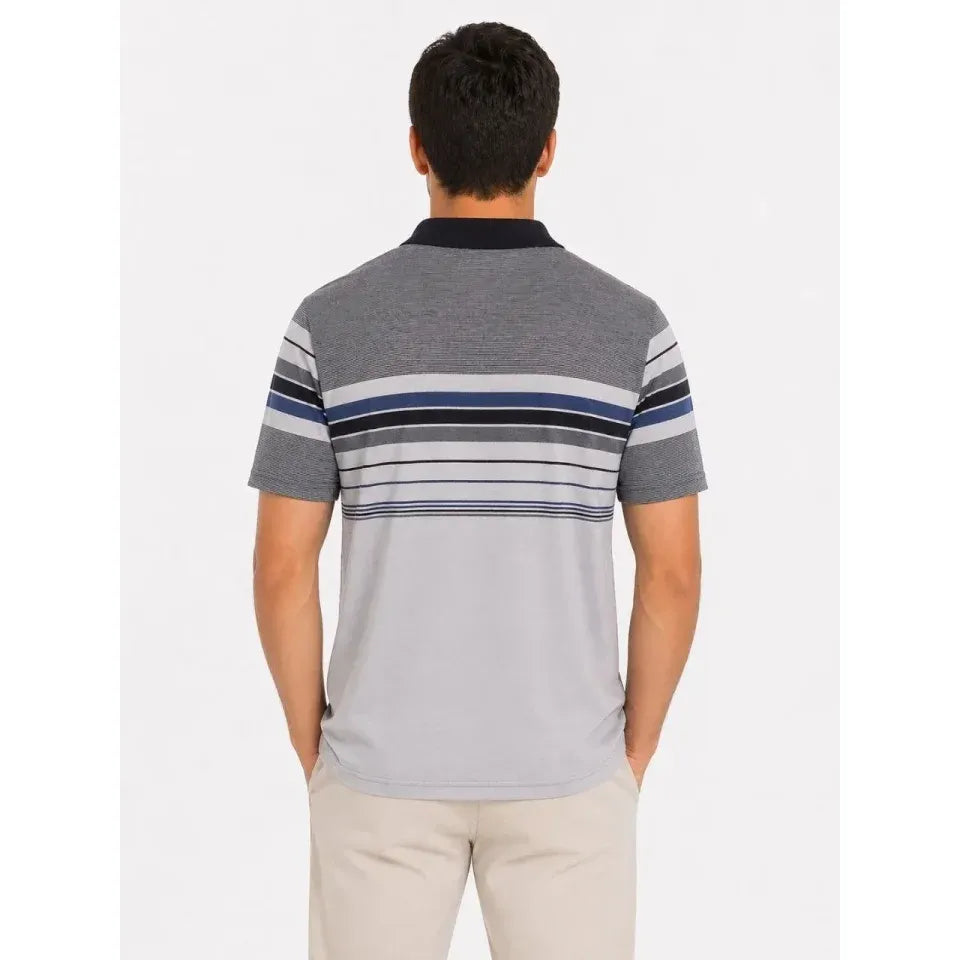 Erkek Flamlı Penye Çizgili Polo Yaka Tişört Kısa Kol Yazlık T-Shirt - Gri