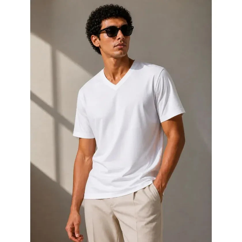 Erkek V Yaka Basic Tişört Kısa Kol Yazlık Regular Fit T-Shirt - Beyaz