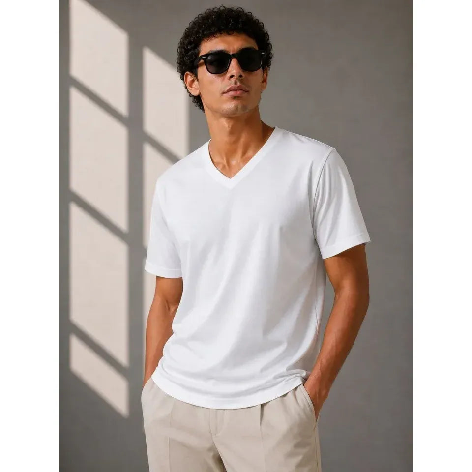 Erkek V Yaka Basic Tişört Kısa Kol Yazlık Regular Fit T-Shirt - Beyaz