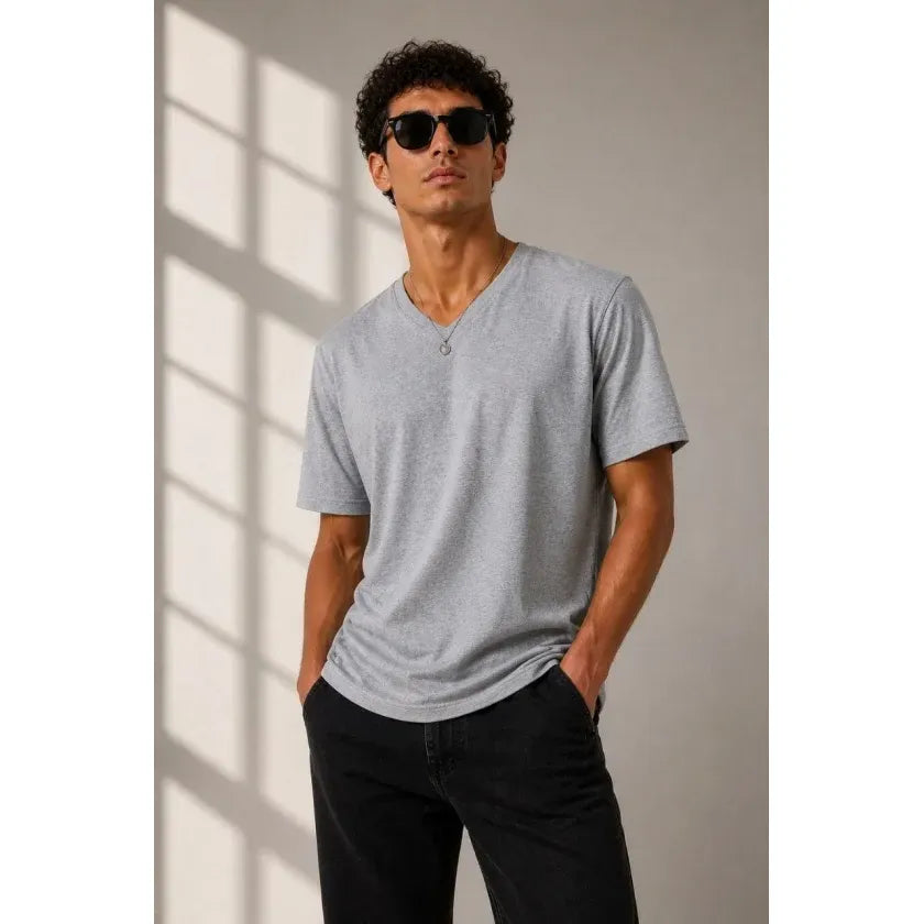 Erkek V Yaka Basic Tişört Kısa Kol Yazlık Regular Fit T-Shirt - Gri