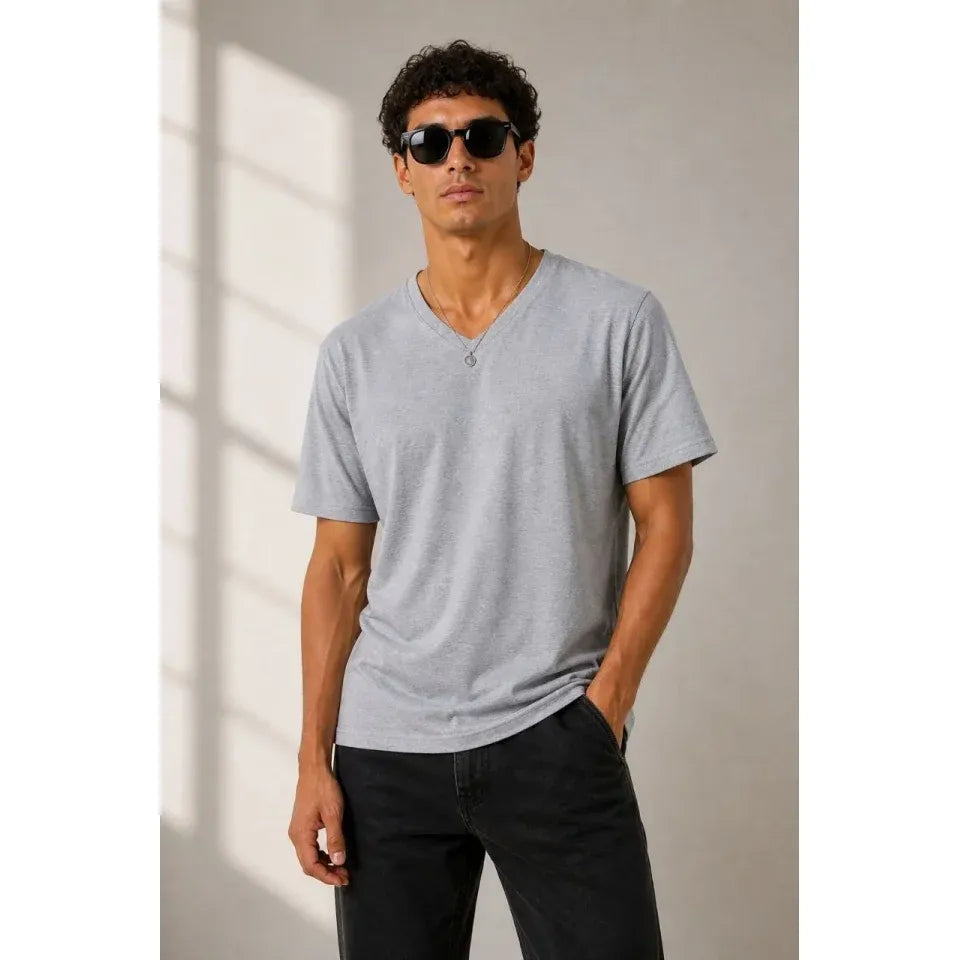 Erkek V Yaka Basic Tişört Kısa Kol Yazlık Regular Fit T-Shirt - Gri