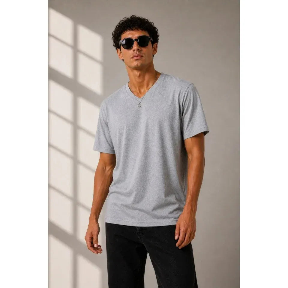 Erkek V Yaka Basic Tişört Kısa Kol Yazlık Regular Fit T-Shirt - Gri