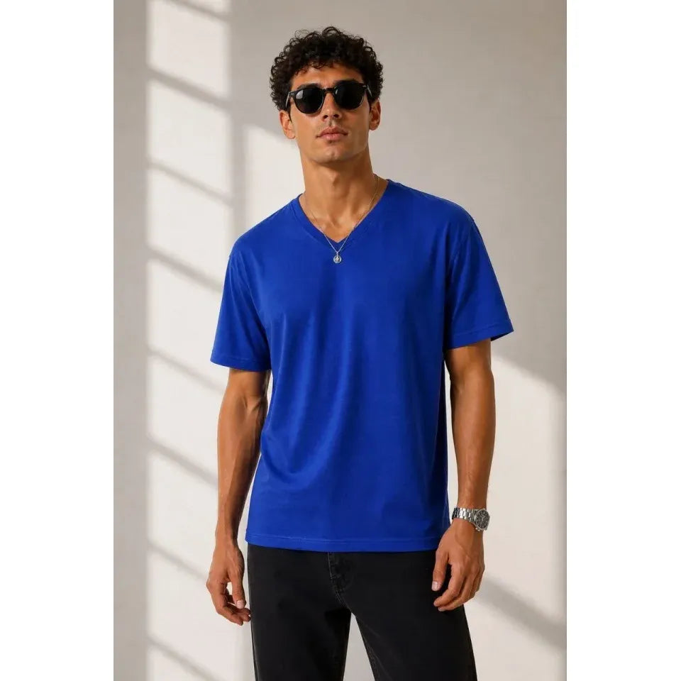 Erkek V Yaka Basic Tişört Kısa Kol Yazlık Regular Fit T-Shirt - Saks Mavisi