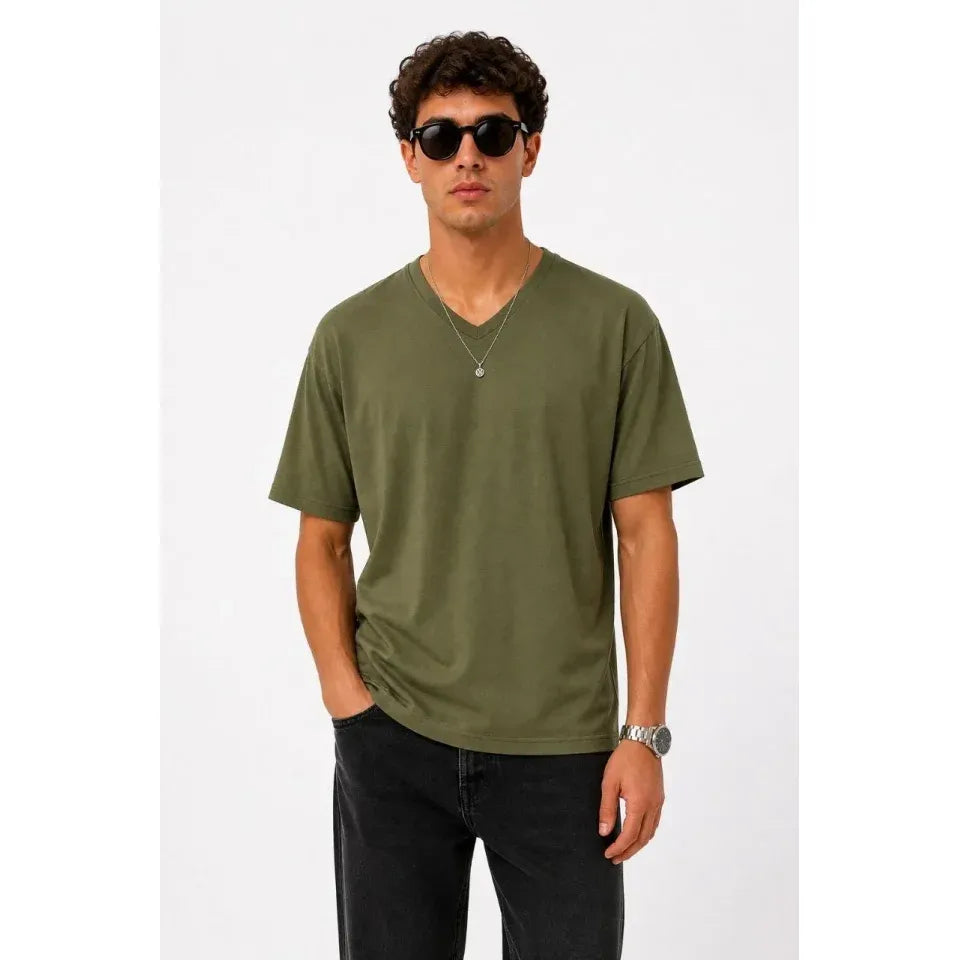 Erkek V Yaka Basic Tişört Kısa Kol Yazlık Regular Fit T-Shirt - Haki