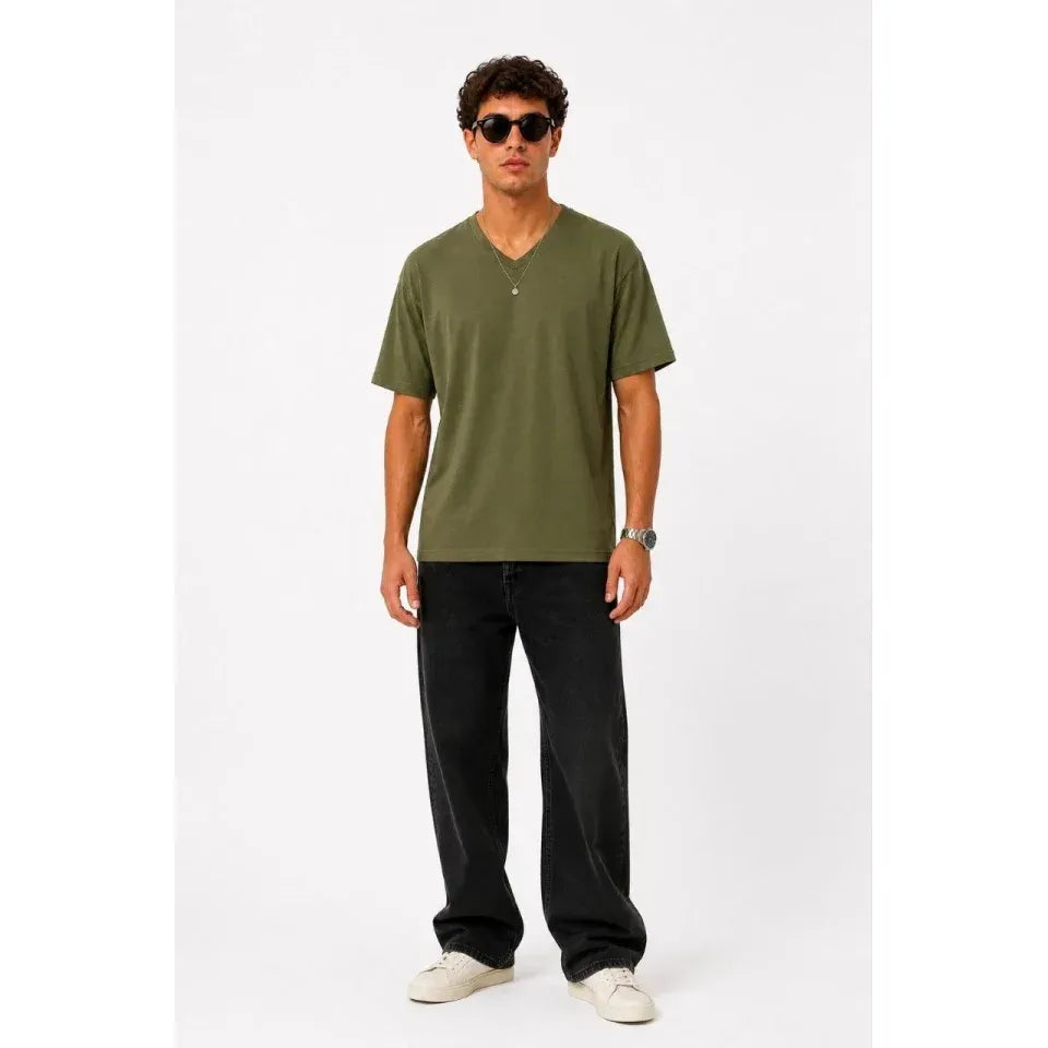 Erkek V Yaka Basic Tişört Kısa Kol Yazlık Regular Fit T-Shirt - Haki