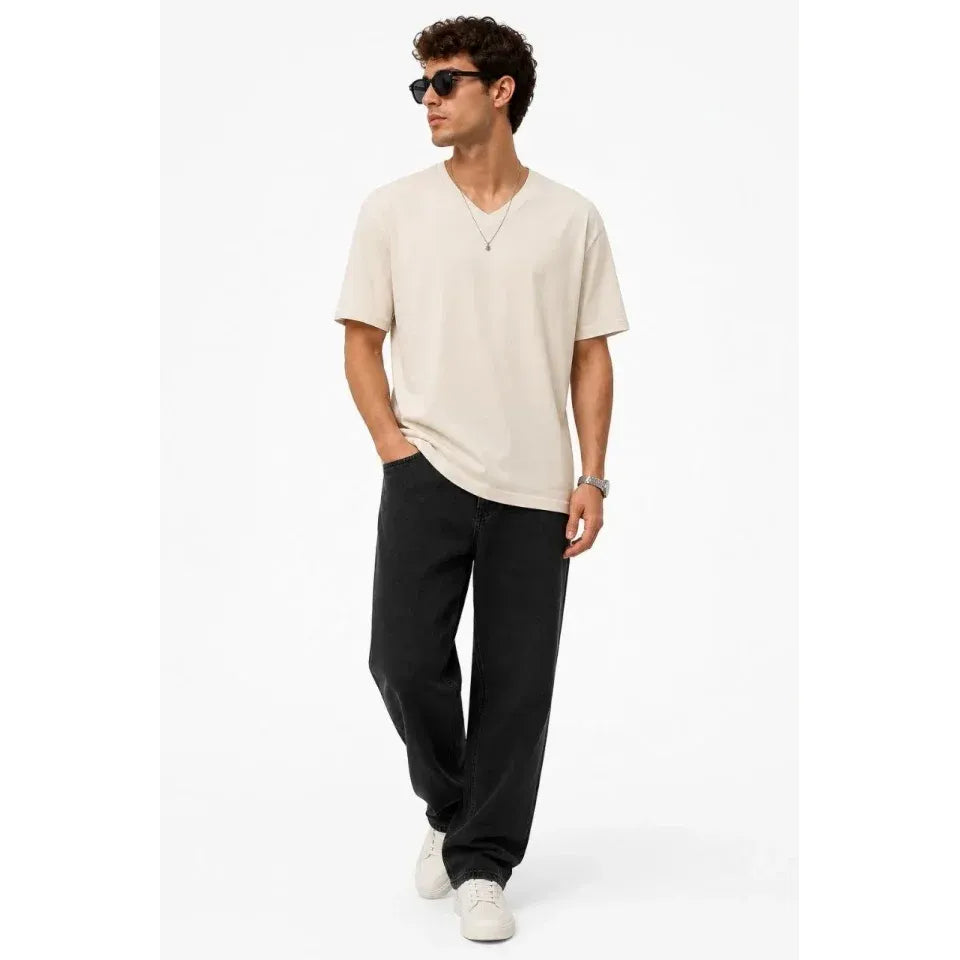 Erkek V Yaka Basic Tişört Kısa Kol Yazlık Regular Fit T-Shirt - Bej