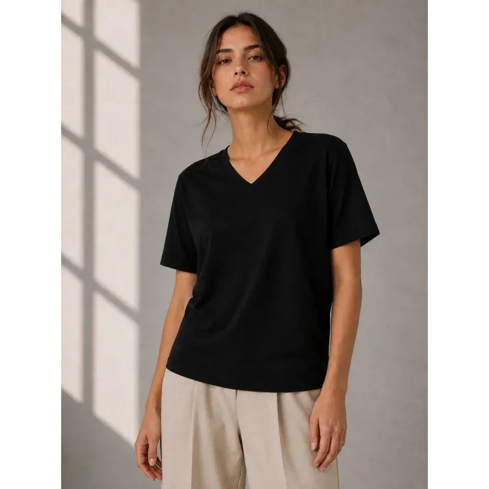 V Yaka Basic Tişört Kısa Kol Yazlık Regular Fit T-Shirt - Siyah
