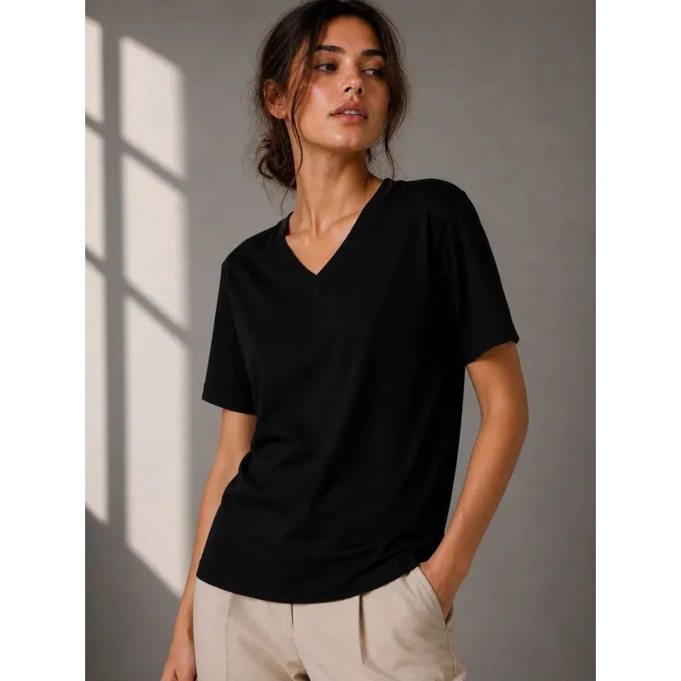 V Yaka Basic Tişört Kısa Kol Yazlık Regular Fit T-Shirt - Siyah