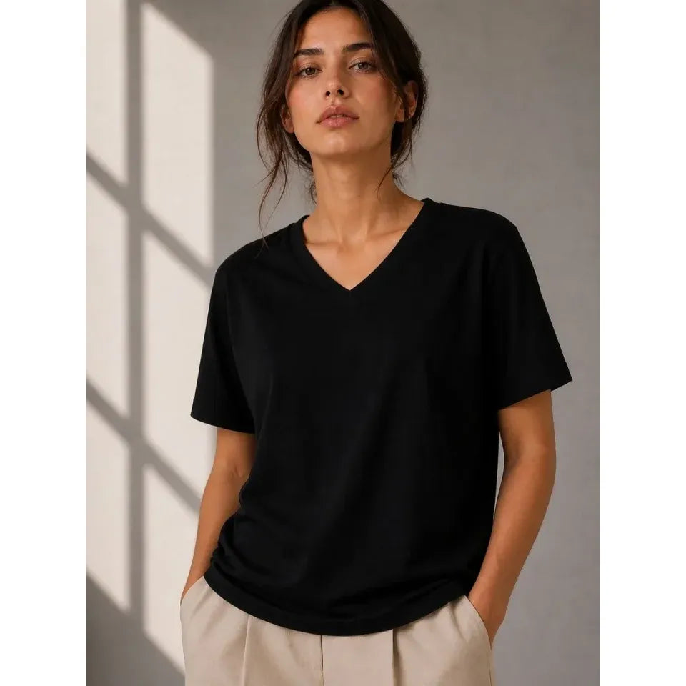 V Yaka Basic Tişört Kısa Kol Yazlık Regular Fit T-Shirt - Siyah